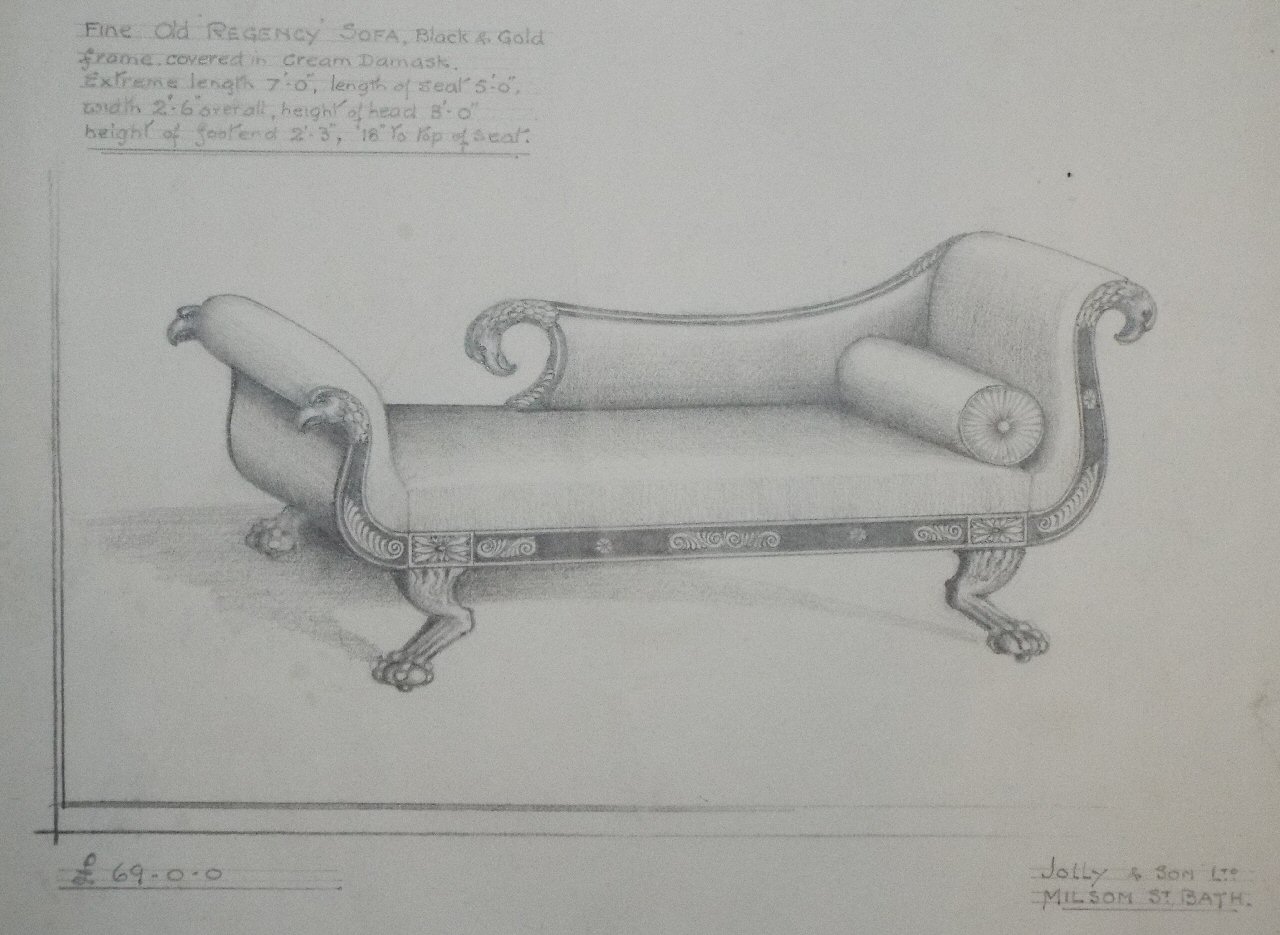 Pencil drawing - Fine Old Regency Sofa. Jolly & Son Ltd. Milsom Street, Bath.